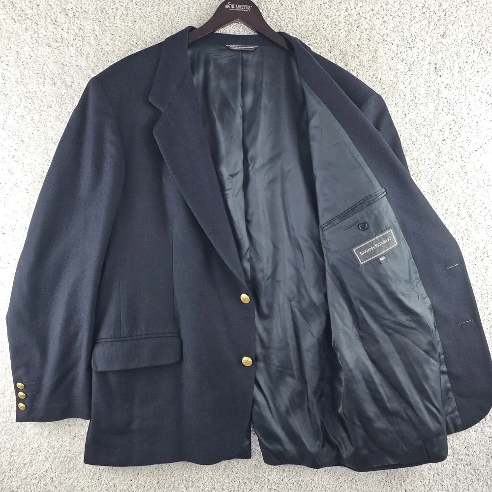 Vintage Banana Republic Blazer Mens 46R Navy GOLD 2 Button 100% Wool Made USA